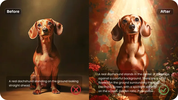 contrast effect of using the simple and detailed background and lighting prompt to generate AI images in AI Ease
